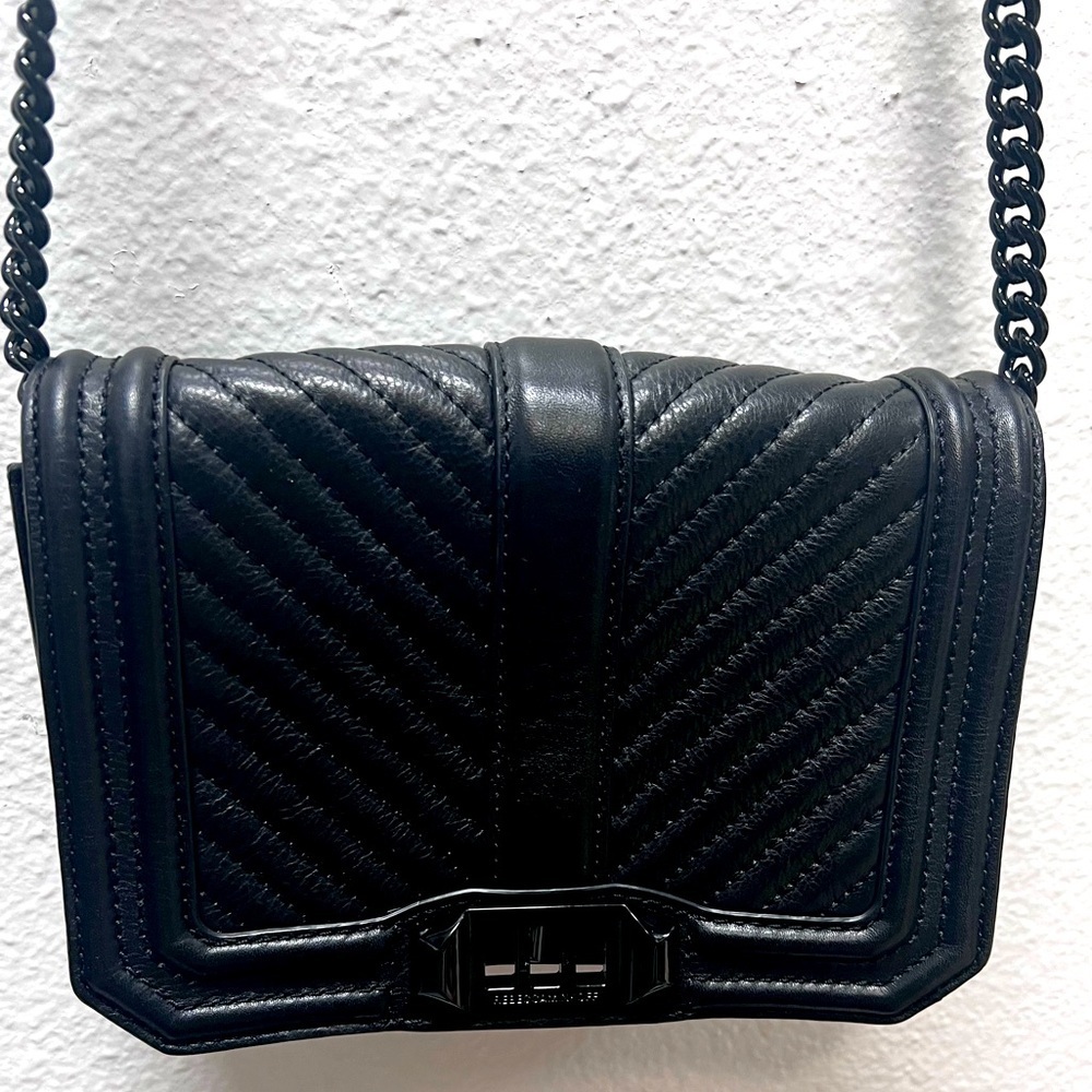 Rebecca Minkoff Chevron Quilted Love Black Leather Crossbody. Adjustable strap